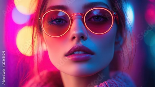 Street style fashion model with glowing AR fashion tags, vibrant urban backdrop, high-energy atmosphere, photorealistic