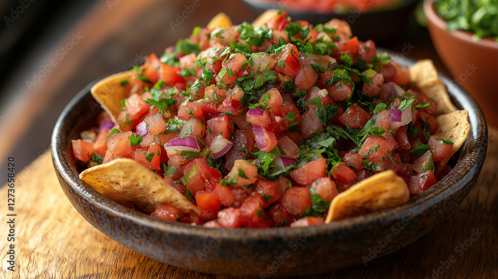 Colorful pico de gallo, freshly made with ripe tomatoes, onions, and cilantro, crowns crispy tortilla chips, inviting everyone to enjoy this flavorful starter. Perfect for gatherings at sunset Colorful pico de gallo, freshly made with ripe tomatoes, onions, and cilantro, crowns crispy tortilla chips, inviting everyone to enjoy this flavorful starter. Perfect for gatherings at sunset
