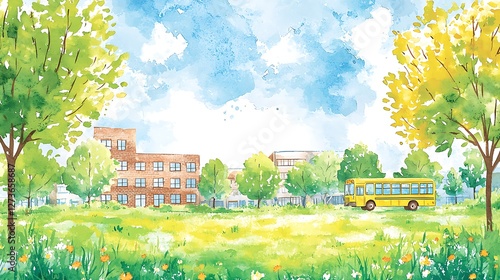 Clipart watercolor scene of a school building with brick walls, yellow school bus parked nearby, soft green grass surrounding, warm light shining from above, creating a bright, sunny, inspiring mood,
