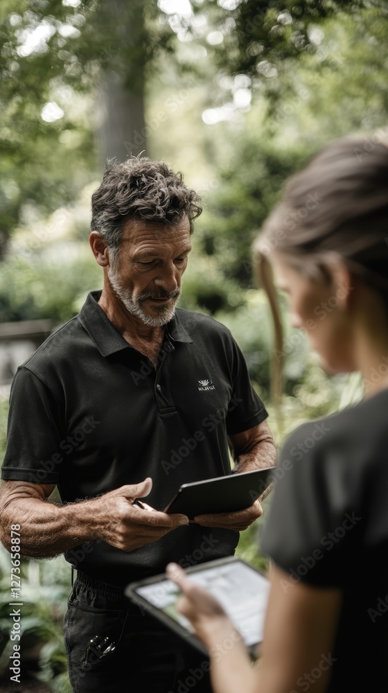 Fototapeta premium vertical landscaper service man at home with homeowner customer with clipboard discussing remodel or garden rehab project progress 