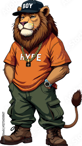 Hip-Hop Style Lion with Gold Chain and Cap , T-shirt design , logo , book . vector illustration 
