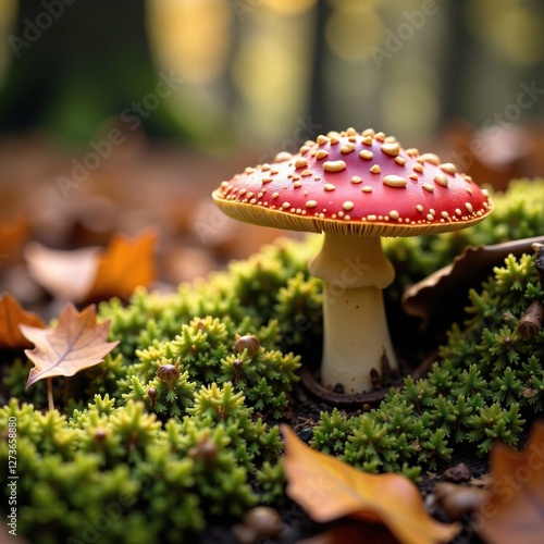 Autumn forest floor carpeted with mycena alcalina fungi, autumn, wintergreen, richbrown photo