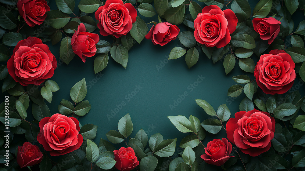 Obraz premium Red roses bloom in full splendor, surrounded by rich green leaves, creating a romantic and enchanting backdrop perfect for celebrations or heartfelt expressions of love