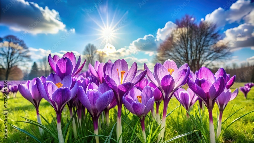 Fototapeta premium Vibrant purple crocus flowers blooming in a sunny garden with green grass and few trees