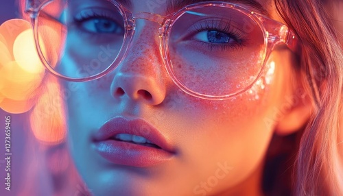 Summer fashion lookbook with glowing holographic styling tips, bright vibrant setting, clean minimalist background, photorealistic