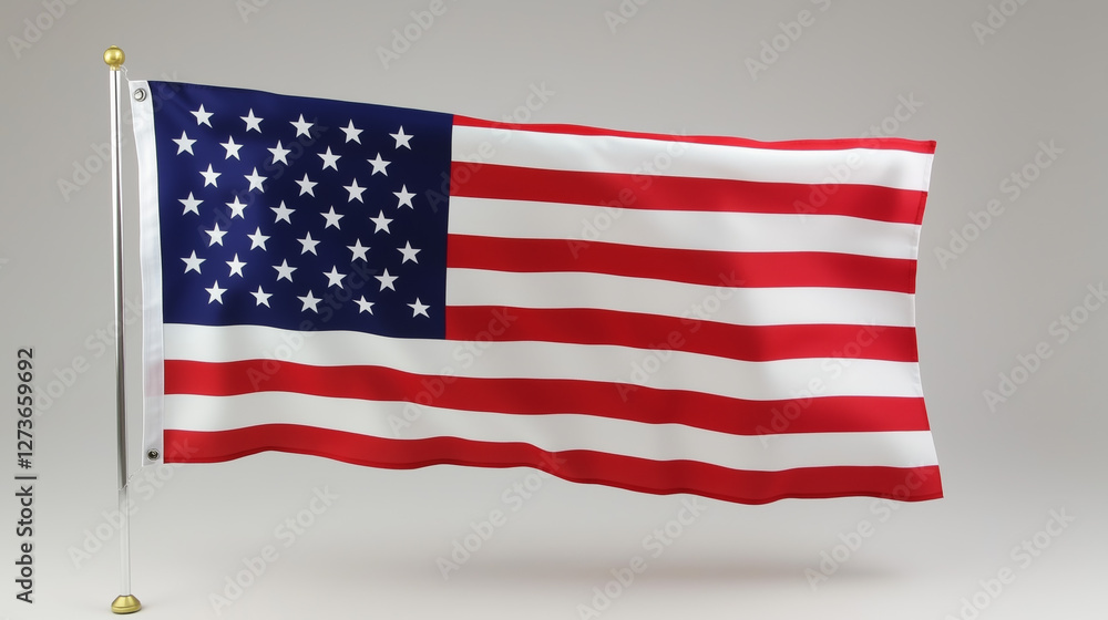Waving American Flag with Red and White Stripes and Blue Field on Metal Pole Waving American Flag with Red and White Stripes and Blue Field on Metal Pole