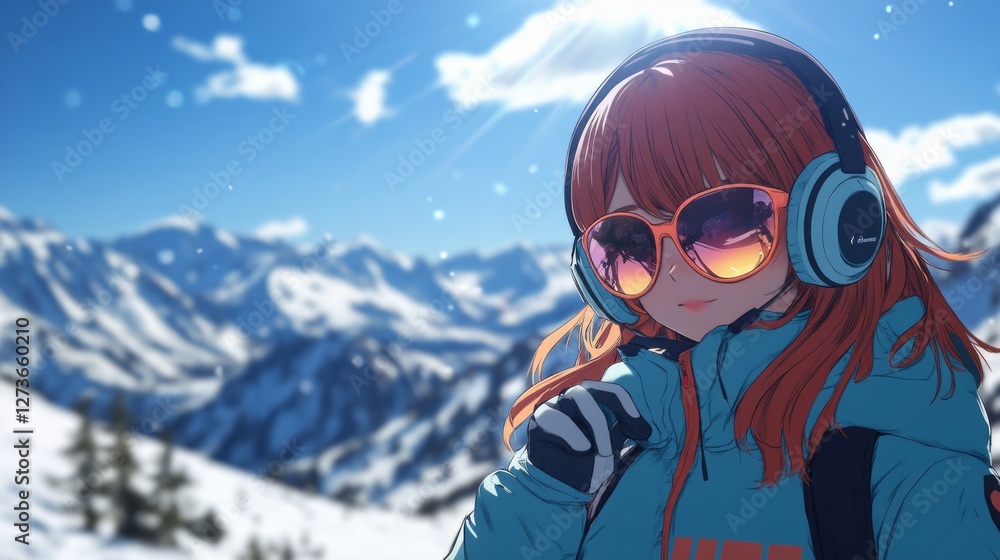 Anime Girl In Winter Gear With Snowy Mountain Backdrop. Perfect For Travel Blogs. Anime Girl In Winter Gear With Snowy Mountain Backdrop. Perfect For Travel Blogs.