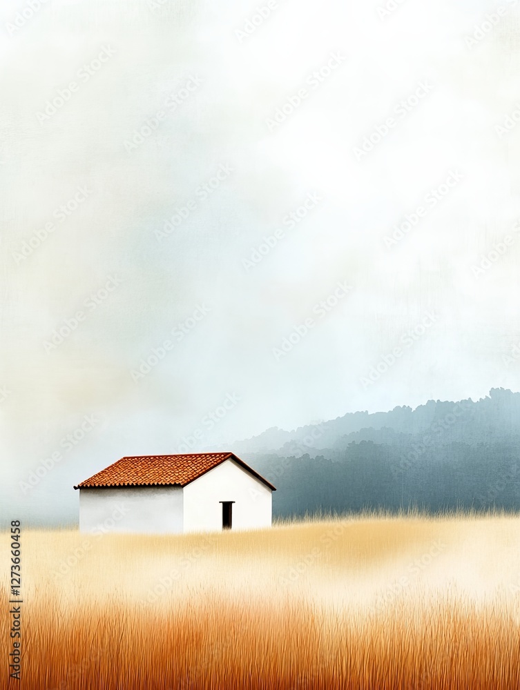 Serene countryside landscape featuring a solitary white house amidst golden fields and distant mountains Serene countryside landscape featuring a solitary white house amidst golden fields and distant mountains