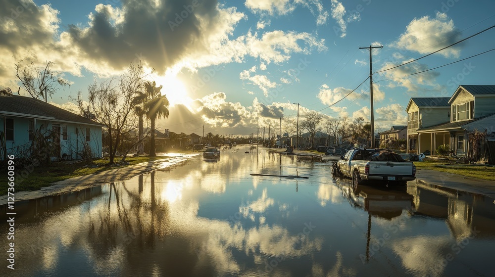 Obraz premium A calm morning after the hurricane, with floodwaters slowly receding and skies beginning to clear