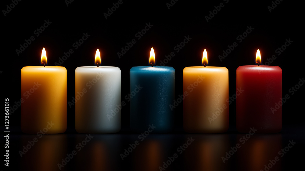 Five vibrant candles glow softly in a dark environment, illuminating the surroundings with warm hues. Their flickering flames create a tranquil atmosphere, perfect for relaxation and reflection Five vibrant candles glow softly in a dark environment, illuminating the surroundings with warm hues. Their flickering flames create a tranquil atmosphere, perfect for relaxation and reflection