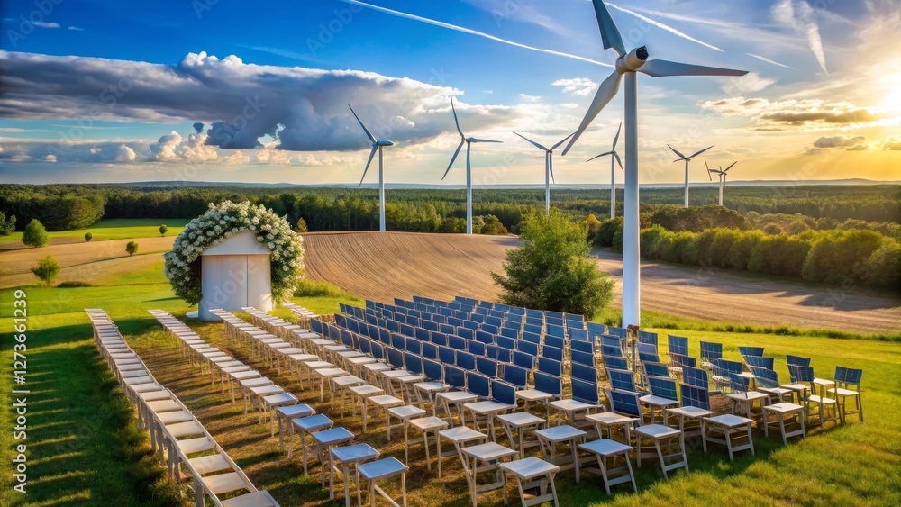 Serene outdoor ceremony space with rows of white chairs, a floral archway, and a backdrop of wind turbines under a vibrant sunset sky. Serene outdoor ceremony space with rows of white chairs, a floral archway, and a backdrop of wind turbines under a vibrant sunset sky.