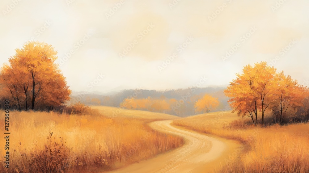 Serene autumn landscape with winding path through golden fields and distant mountains Serene autumn landscape with winding path through golden fields and distant mountains