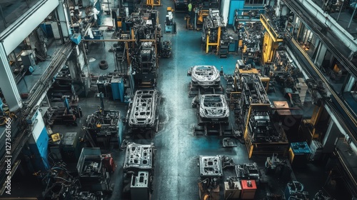 A car parts factory where metal parts are stamped and molded into intricate designs for automotive assembly.