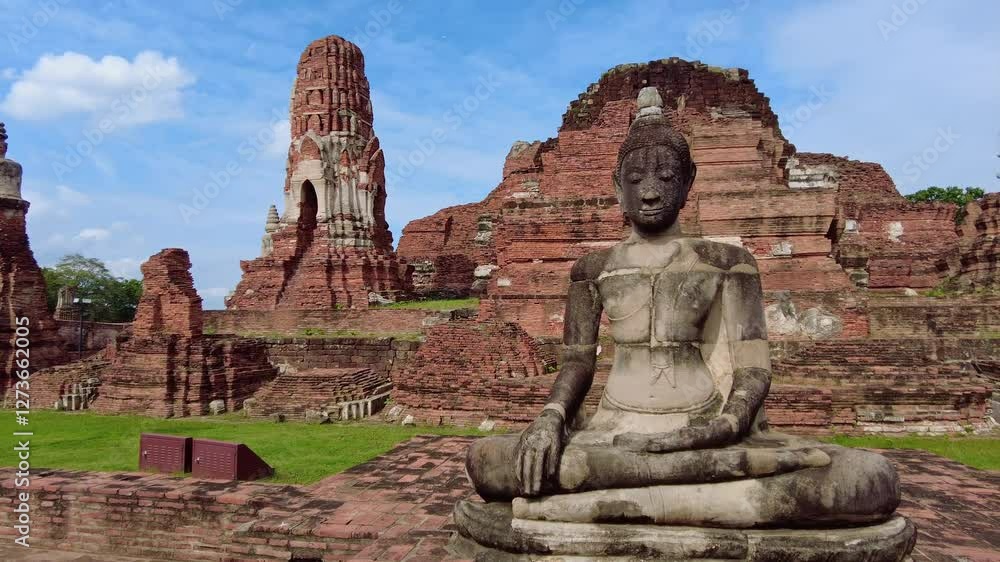Ayutthaya, Thailand: Ancient Buddha statue in front of the Wat Mahathat Thai Buddhist temple in Thailand former capital Ayutthaya in Thailand. Ayutthaya, Thailand: Ancient Buddha statue in front of the Wat Mahathat Thai Buddhist temple in Thailand former capital Ayutthaya in Thailand.