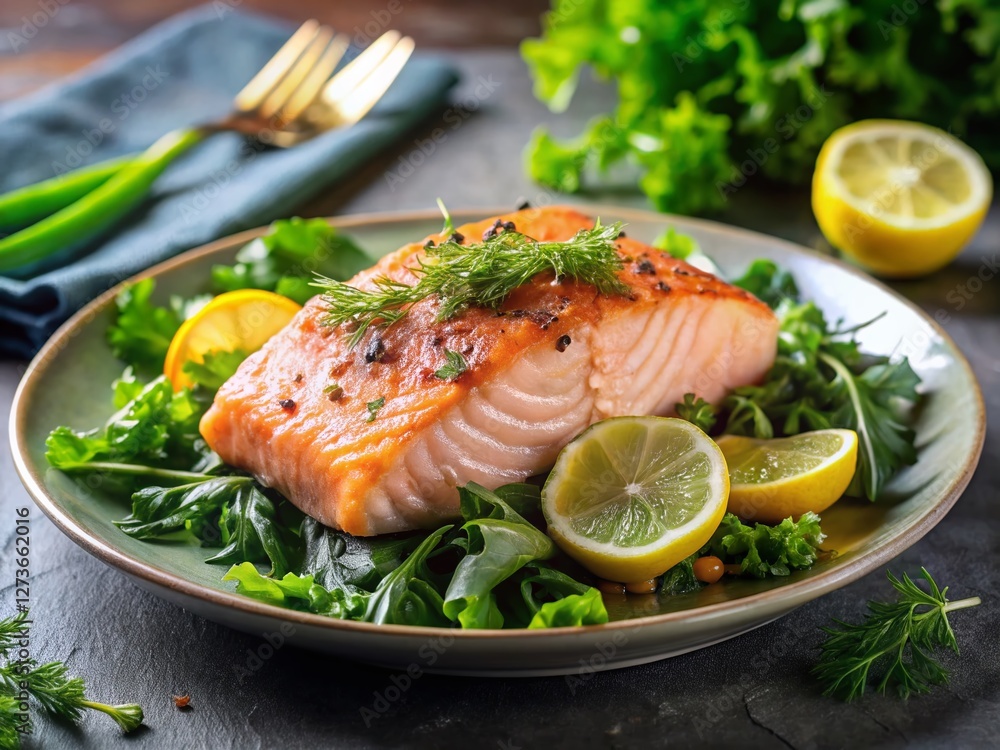 Gourmet Salmon Fillet with Herbs and Lemon, Fresh Salad Garnish - Stock Photo Gourmet Salmon Fillet with Herbs and Lemon, Fresh Salad Garnish - Stock Photo
