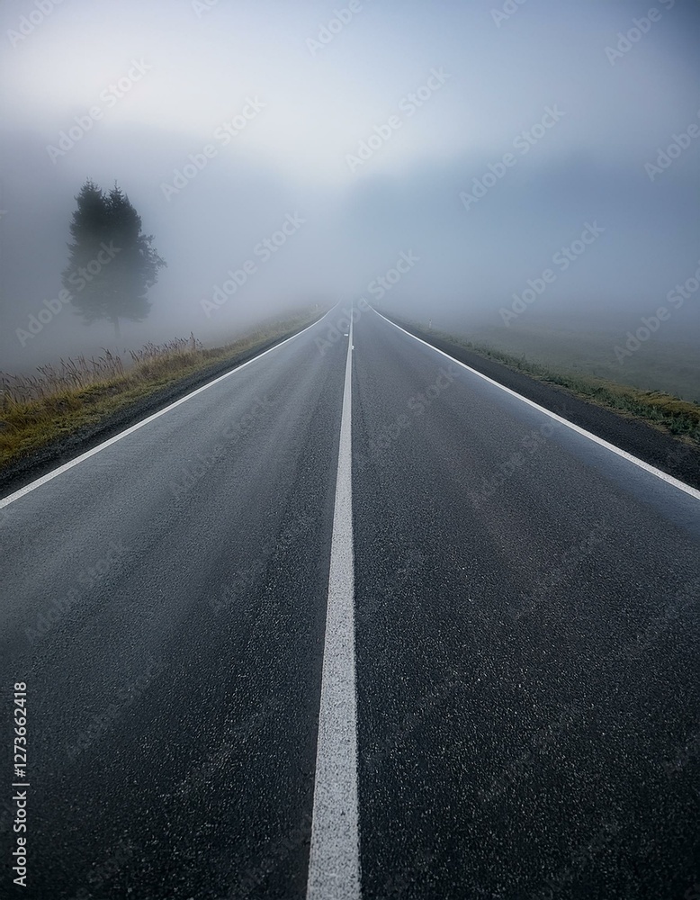 Fototapeta premium 霧の中に包まれた空っぽの道路のぼんやりとした景色