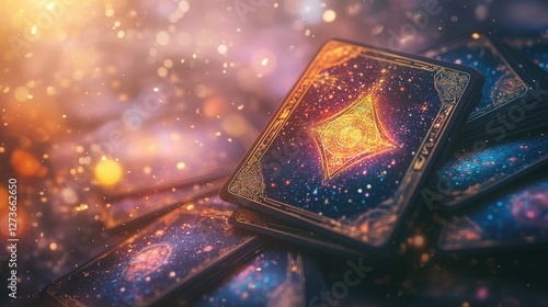 A celestial tarot reading set in a mystical, glowing space, with the Temperance card representing balance and spiritual guidance.