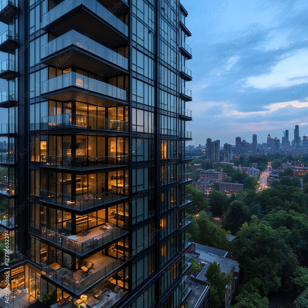 Obraz premium A sleek, modern high-rise condominium building with large balconies and a city skyline backdrop