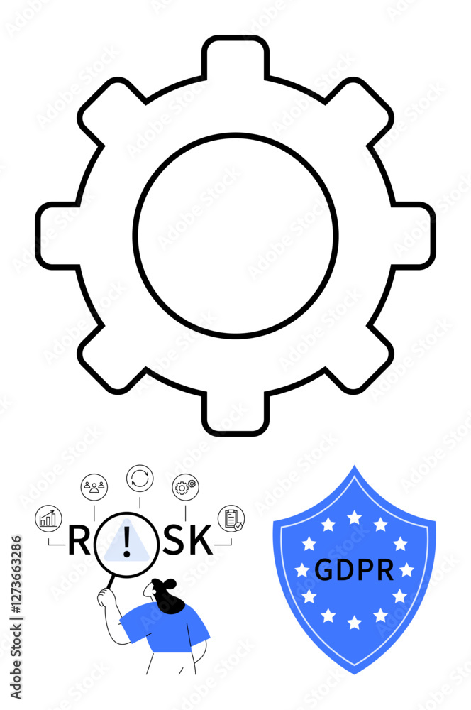 Gear for processes, person analyzing risks, GDPR compliance badge. Ideal for data privacy, security, compliance, process improvement, risk analysis, IT management abstract line flat metaphor Gear for processes, person analyzing risks, GDPR compliance badge. Ideal for data privacy, security, compliance, process improvement, risk analysis, IT management abstract line flat metaphor