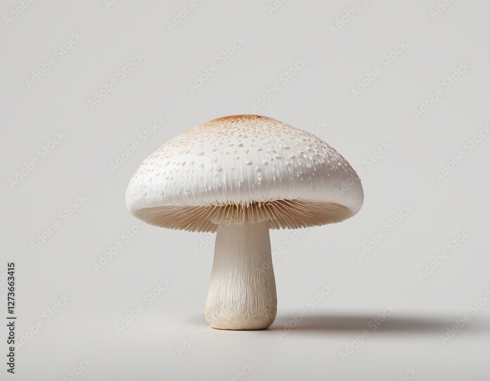 A fresh white mushroom stands upright against a neutral background. A fresh white mushroom stands upright against a neutral background.