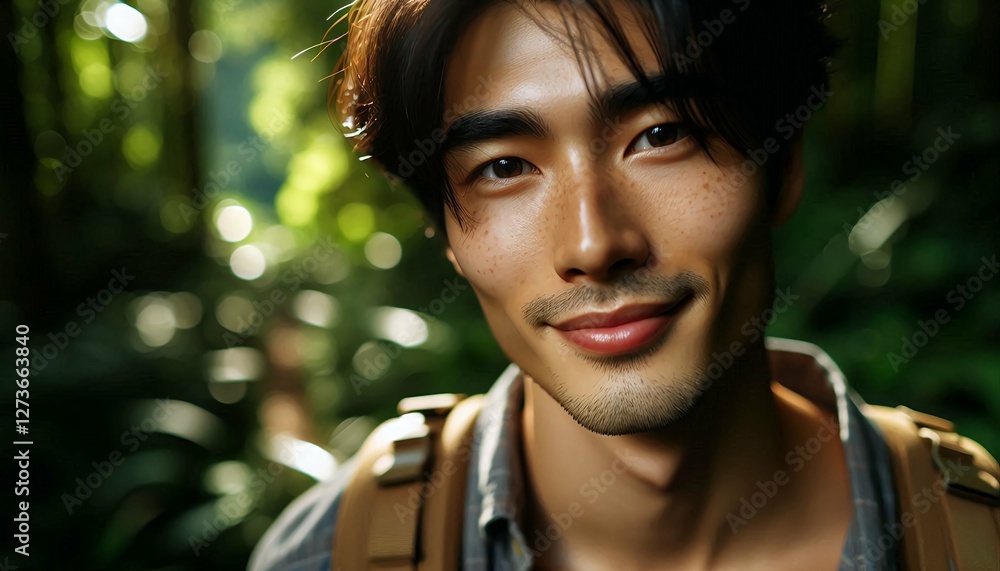 Smiling Adventurer in Lush Jungle – Nature Travel Portrait. Smiling Adventurer in Lush Jungle – Nature Travel Portrait.