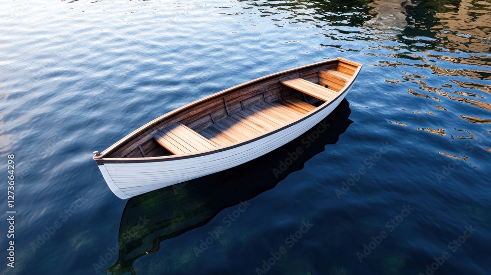 Naklejka premium A wooden boat floating on calm water, reflecting the surroundings.