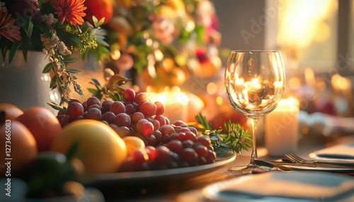 Thanksgiving dinner table with digital holographic food presentation, warm home setting, festive, photorealism