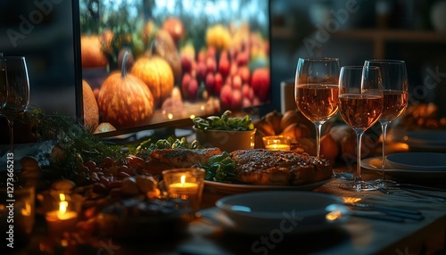 Thanksgiving dinner table with digital holographic food presentation, warm home setting, festive, photorealism