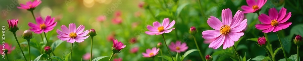 Cosmos flowers dance among green leaves and stems, leaf, garden, foliage Cosmos flowers dance among green leaves and stems, leaf, garden, foliage