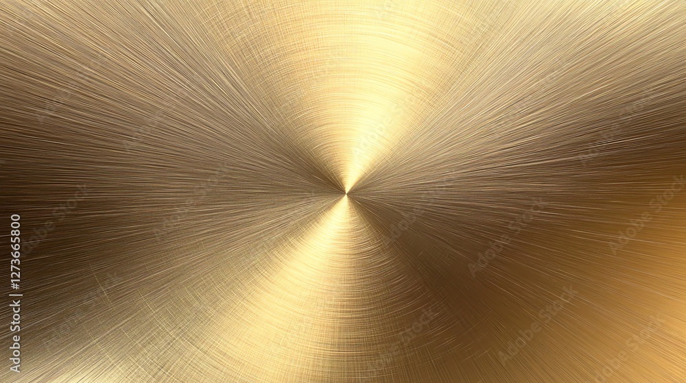 Circular brushed shiny gold metal texture, radial polished stainless plate abstract background