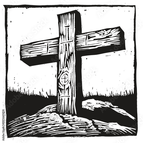 Vector illustration of a rough wooden cross on a hill. Woodcut style. Ideal for religious themes  or historical projects.