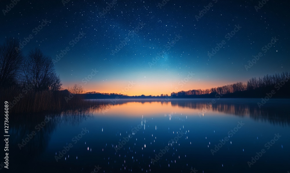Starry Night Reflections on a Tranquil Lake with Gentle Ripples and Starlit Water, Peaceful Nature Scene under a Clear Sky, Dreamlike Night Landscape Starry Night Reflections on a Tranquil Lake with Gentle Ripples and Starlit Water, Peaceful Nature Scene under a Clear Sky, Dreamlike Night Landscape