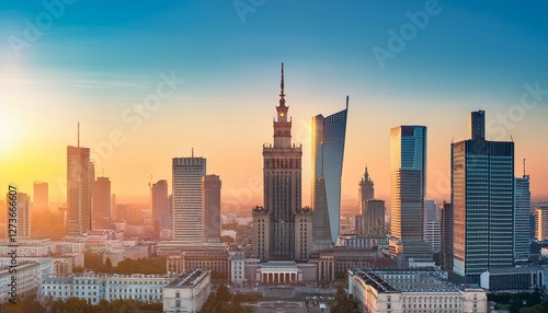 morning cityscape view of the business center of warsaw with skyscrapers and the palace of culture and science poland
