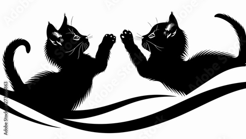 Playful black cats engaging in a charming duel, decorative silhouette illustration, copy space