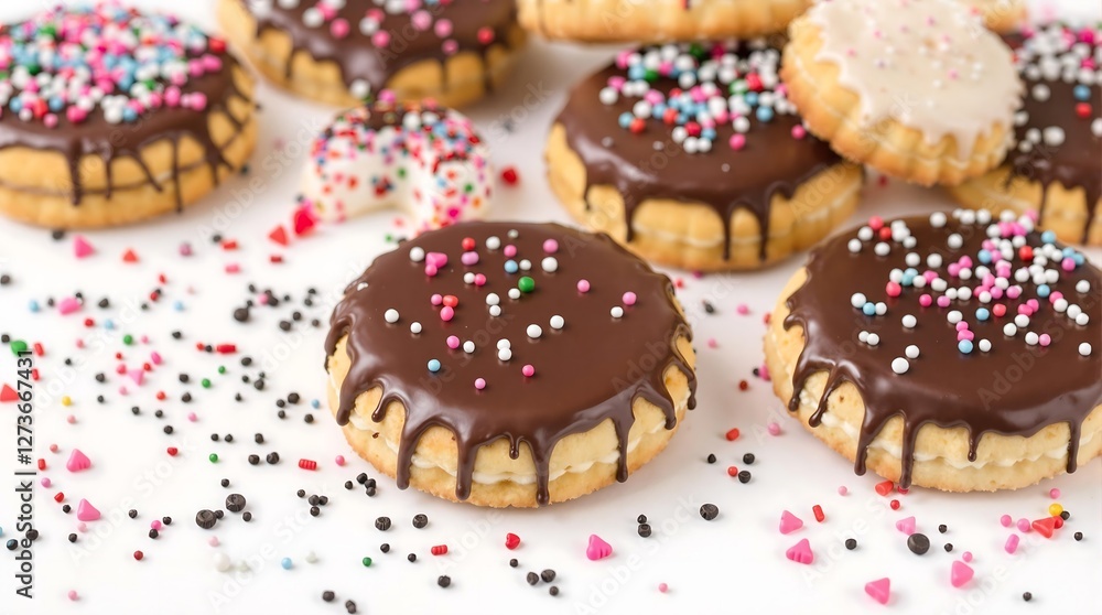 Chocolate Glazed Cookies with Colorful Sprinkles on White Background, generator AI Chocolate Glazed Cookies with Colorful Sprinkles on White Background, generator AI