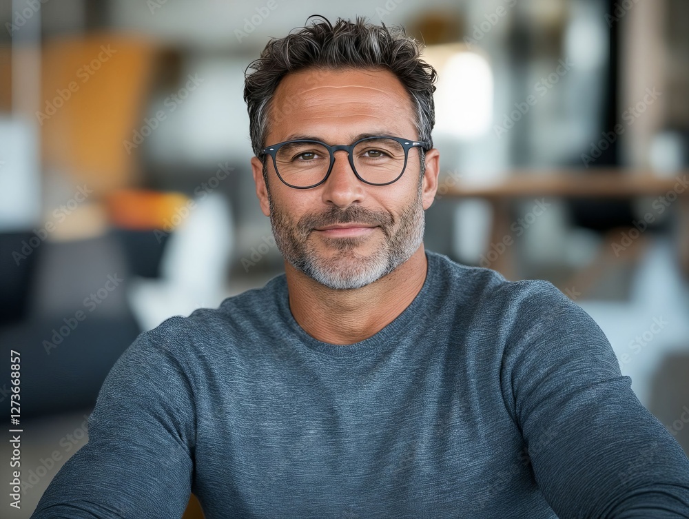A man wearing glasses sitting at a table in an office A man wearing glasses sitting at a table in an office