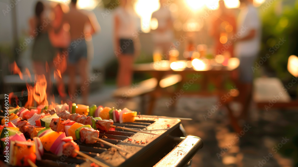 Obraz premium Fresh meat and vegetables on brazier closeup image. Happy summer party outdoors gathering friends close up photography. Healthy food on open fire preparation concept photo realistic