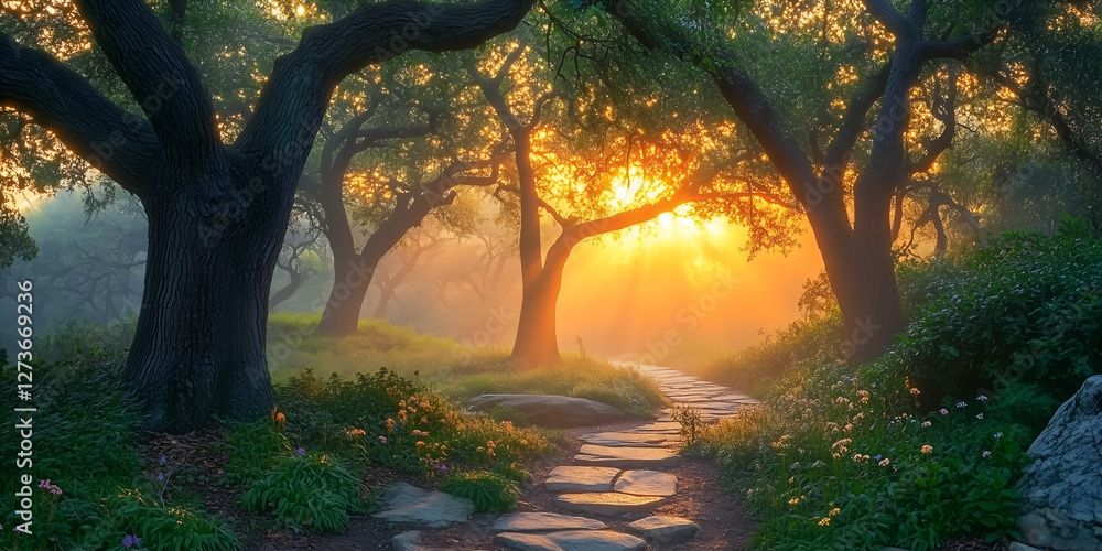 Naklejka premium Sunlit Forest Trail Leading to a New Dawn