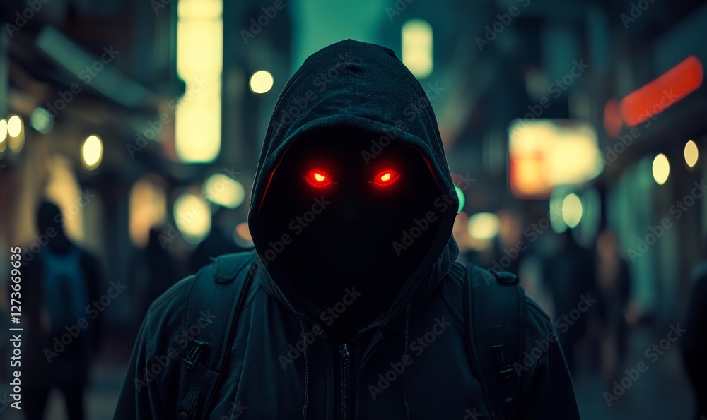 Hooded Figure with Glowing Red Eyes in Urban Night Market Setting, Addressing Retail Theft, Street Crime, Surveillance Theme Hooded Figure with Glowing Red Eyes in Urban Night Market Setting, Addressing Retail Theft, Street Crime, Surveillance Theme