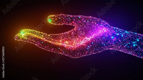 A vibrant, glowing hand made of colorful particles against a dark background.