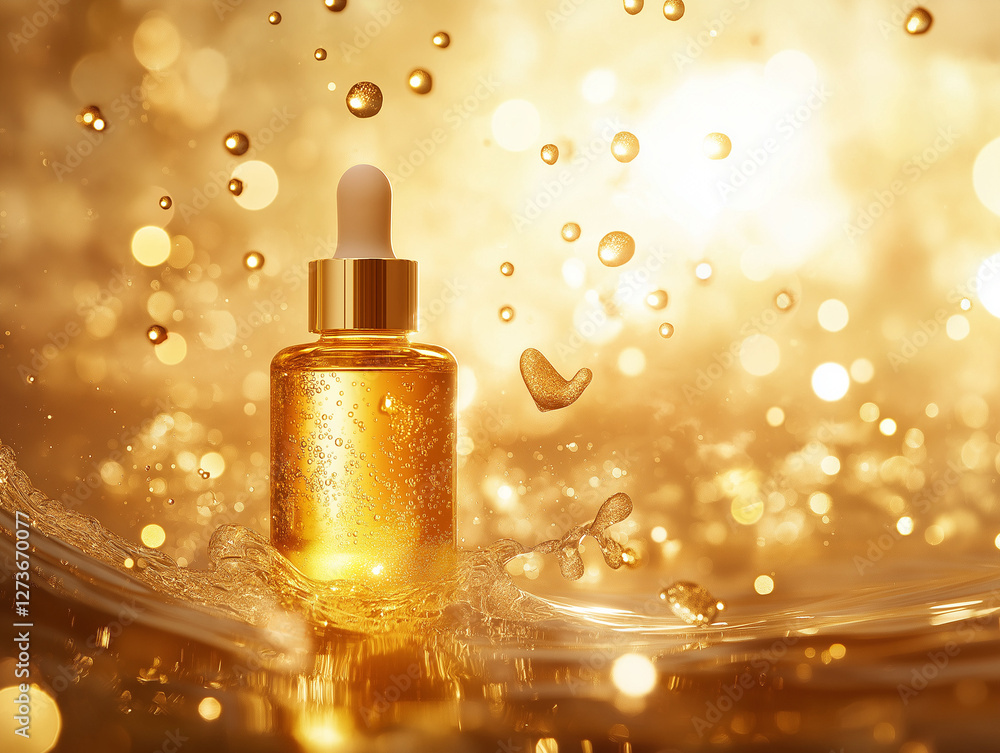 Luxurious Skincare Serum Bottle with Radiant Glow & Water Droplets Luxurious Skincare Serum Bottle with Radiant Glow & Water Droplets