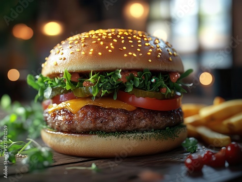 Vegan burger close-up with vibrant glowing AR nutrition facts, modern table setting, bright natural light, photorealistic