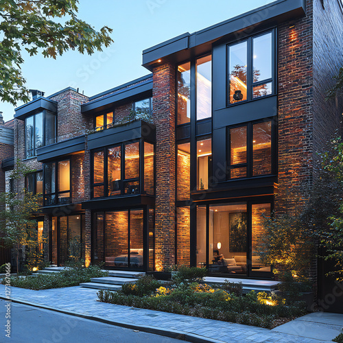 A stylish urban townhouse with modern brick exterior, sleek lines, and large windows photo