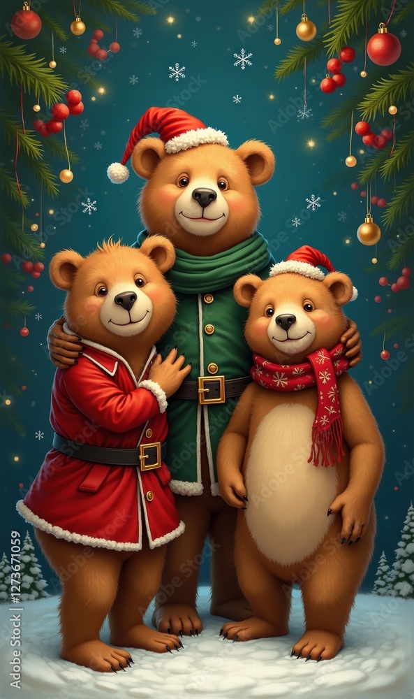 A festive scene featuring three cheerful bears dressed in holiday attire, perfect for Christmas-themed designs and children's products. A festive scene featuring three cheerful bears dressed in holiday attire, perfect for Christmas-themed designs and children's products.