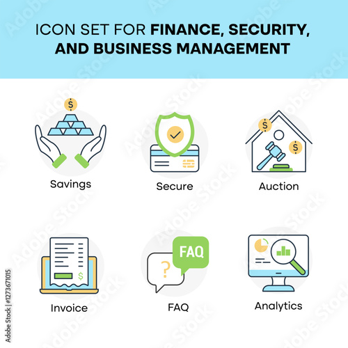 Vector icon set for finance, security, and business management. Includes secure shield, savings, auction gavel, analytics, FAQ, and invoice.
