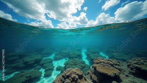 Underwater coral reef ecosystem with sandy ocean floor and sunlight rays	