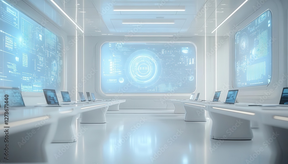 Virtual classroom with holographic screens, students learning through interactive tech, modern futuristic design, photorealistic Virtual classroom with holographic screens, students learning through interactive tech, modern futuristic design, photorealistic