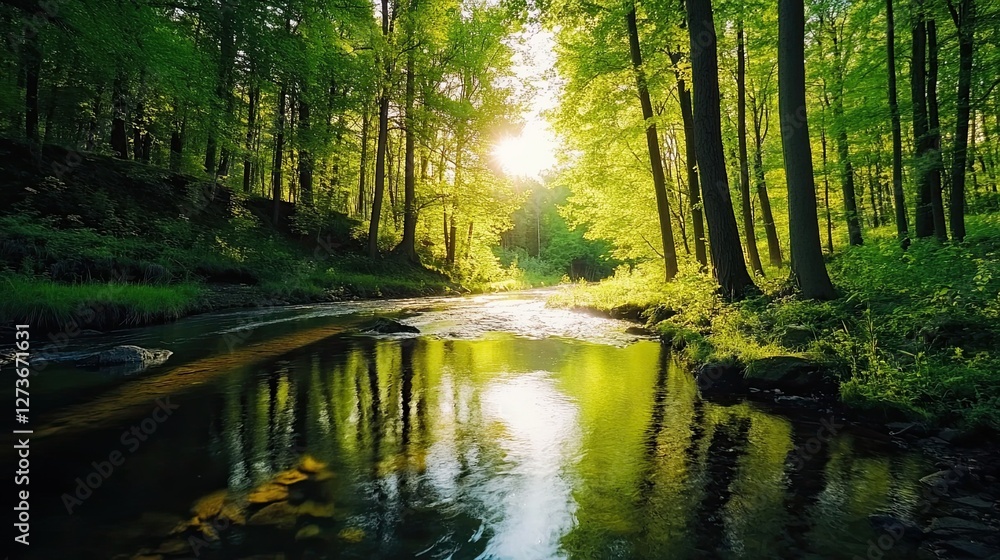 A river winding through a lush forest, with sunlight filtering through the trees and reflecting on the water. A river winding through a lush forest, with sunlight filtering through the trees and reflecting on the water.