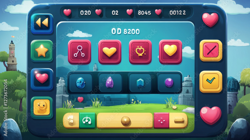 Match game ui interface, set of icons for mobile application entertainment, vector illustration. Simple gaming design kit, buttons with score and settings, download app and play game on smartphone Match game ui interface, set of icons for mobile application entertainment, vector illustration. Simple gaming design kit, buttons with score and settings, download app and play game on smartphone