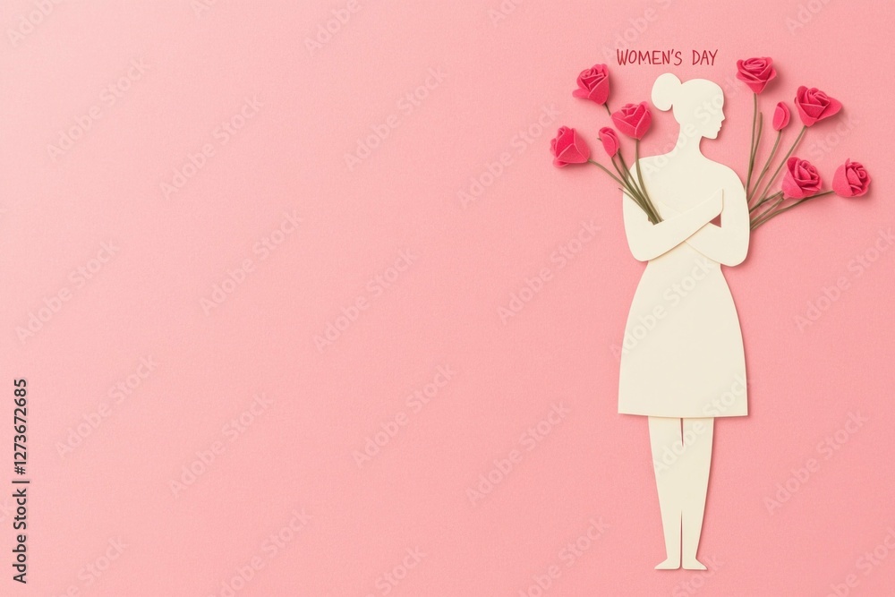 Paper cut silhouette of a woman holding roses for Women s Day on a pink background, symbolizing femininity, love, and celebration of women Paper cut silhouette of a woman holding roses for Women s Day on a pink background, symbolizing femininity, love, and celebration of women